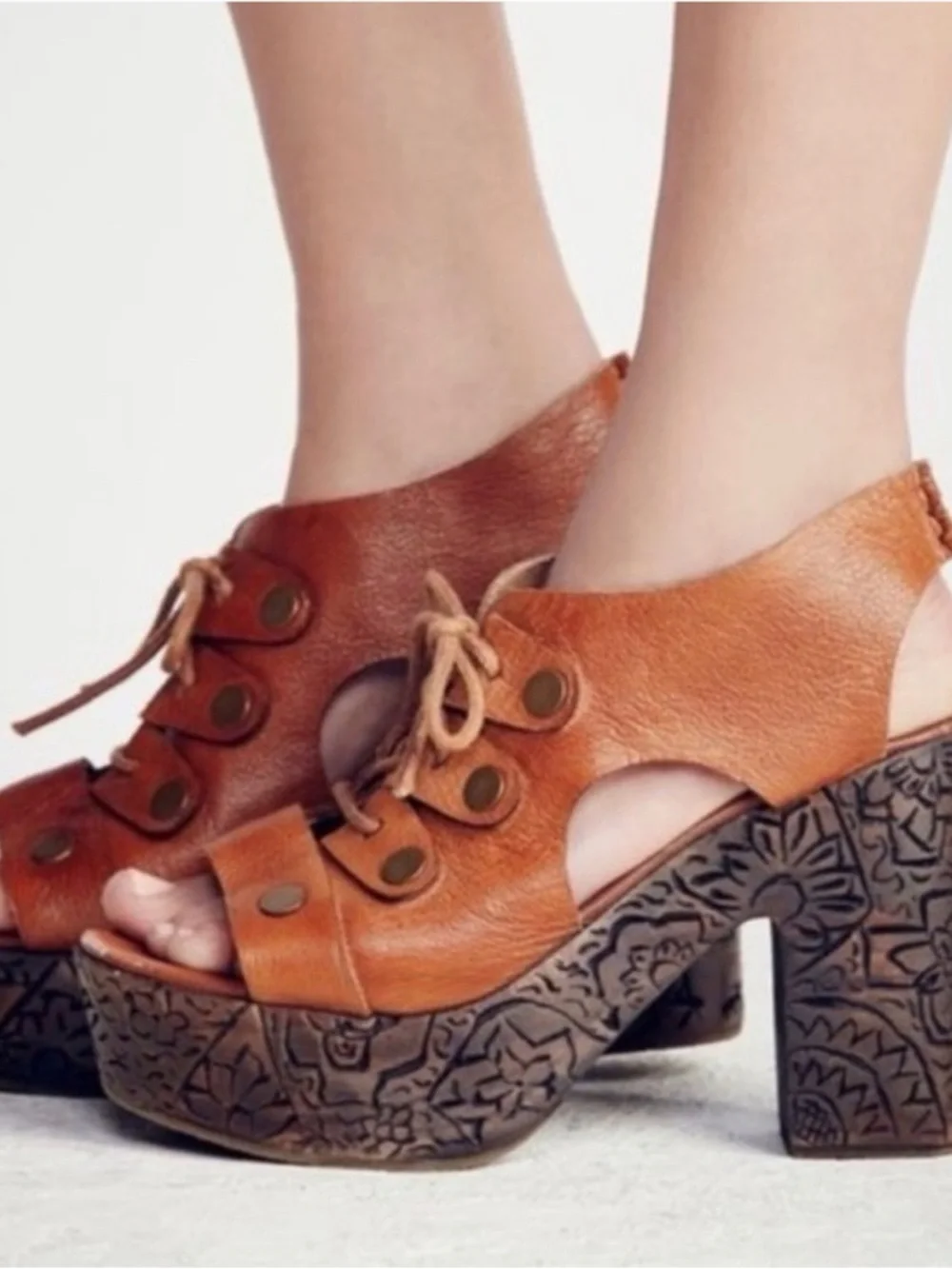 Free People Brown Cutout Platform Heels with Patterned Wood-Look Sole